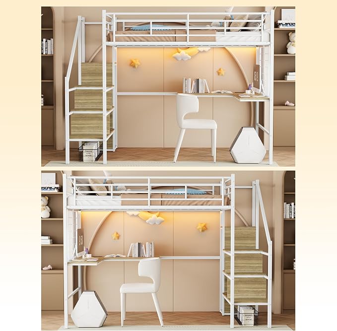 Twin Size Metal Loft Bed with Reversible Stairs & L-Shaped Desk,White | Storage Stairs,Wardrobe,L-Shaped Desk,USB Charging Station,Space-Saving for boys & Girls, Noise-Free, No Box Spring Needed