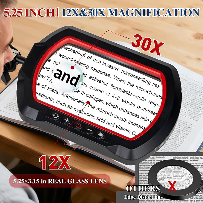 12X 30X Square Magnifying Glass with Light and Clamp | 3-Section Swing Arm Workbench Magnifier Light, 5 Colors Stepless Dimming LED Desk Lamp with Stand for Painting Reading Crafts