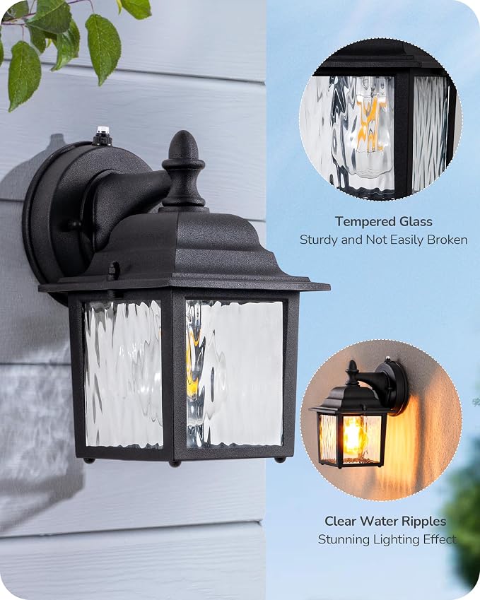 EDISHINE 2 Pack Outdoor Wall Lights, Modern Dusk to Dawn Black Porch Light | Clear Water Ripple Glass, Anti-Rust Aluminum, Standard E26 Socket, Waterproof Exterior Lighting Fixtures for Front Door