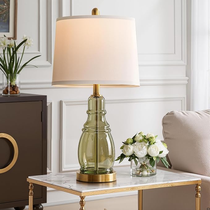 ROTTOGOON Glass Table Lamp Set of 2, Modern Table Lamps for Living Room Bedroom, Bedside Desk Lamps Vintage Nightstand Lamps with Linen Shades, 22", Green