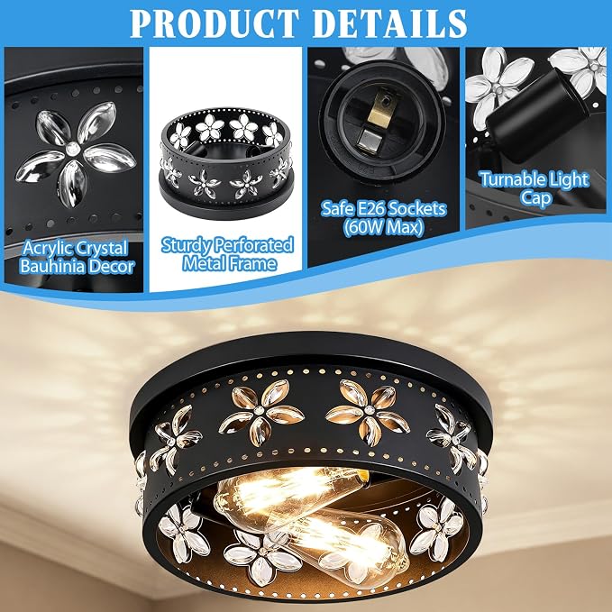 10.6 Inch Black Flush Mount Ceiling Light Fixture, 2 Pack | 2-Light, Flower, Farmhouse, Kitchen, Dining Room, Bedroom, Living Room, Foyer, Entryway