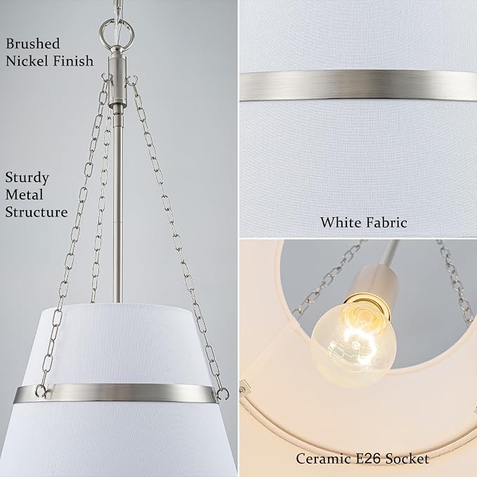 11.4" Brushed Nickel Drum Pendant Lights Kitchen Island White Fabric Shade | Modern Transitional, Cone Shape, 3 Side Chains, 1-Light, Breakfast Nook, Reading Corner, Adjustable Height 11.42"W x 23.82"H