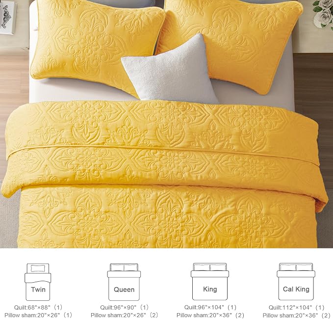 Whale Flotilla Queen Quilt Bedding Set Vintage Damask Reversible Bedspread | Suitable for Bed, 3 Pieces Yellow Lightweight Breathable Quilts Queen Size, Ultrasonic Coverlet Bed Cover with 2 Pillow Shams