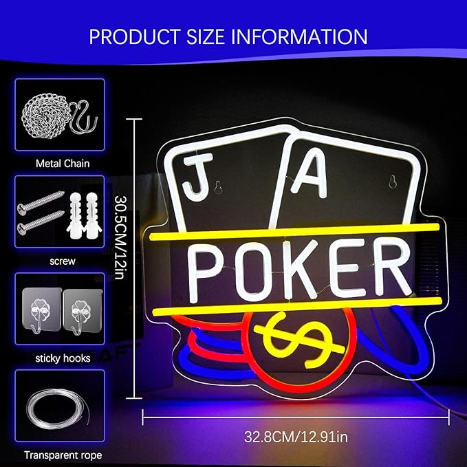 Poker Neon Sign, Playing Cards LED Neon Light for Wall Decor Dimmable Casino Neon Lights for Man Cave, Bar, Bedroom, Hotel, Game Room, Casino Party Decorations Gift