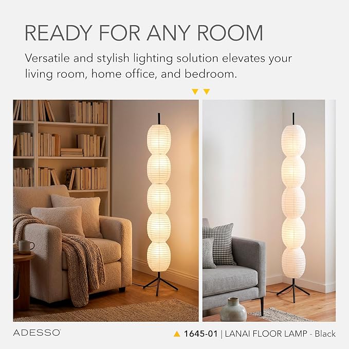 Adesso Paper Lantern 27” Table Lamp, 2-Light Decorative Desk Lamp with White Paper Shade, Tripod Base & in-Line Switch for Bedroom, Office, Living Room Decor