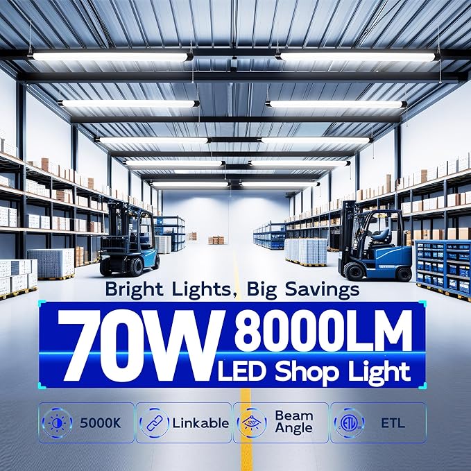 hykolity 4FT LED Shop Light Linkable,8000LM(300w Equivalent),5000K | 70W Utility Shop Lights for Garages, Workshops, Basements, Hanging or FlushMount, with Power Cord and Pull Chain, ETL, 4 Pack