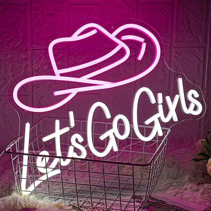 Let's Go Girls Neon Sign Pink White Cowboy Hat Neon Signs Letter Led Light up Cowboy Hat Neon Sign for Wall Decor Dimmable USB Powered for Cowboy Bar Bedroom, Livingroom Christmas Birthday