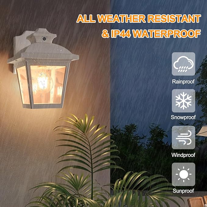 FUDESY Dusk to Dawn Outdoor Wall Lantern, Exterior Porch Light Fixture, E26 | Waterproof Modern White Wall Sconce, Sensor Outside Lighting Wall Mount for Hose,Front Door,Garage,Entryway, 3000K Warm White