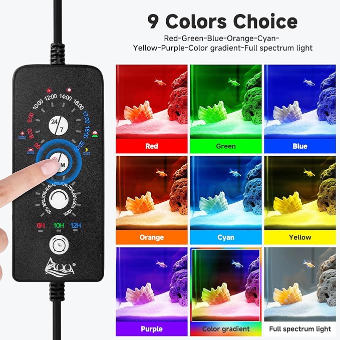 AQQA LED Aquarium Light, 24/7 Mode Clip on Fish Tank Light, DIY Mode Full Spectrum Aquarium Plant Light, Adjustable Timer/Brightness with Memory Function IP68 Waterproof (14W for 12-18 Inch Fish Tank)