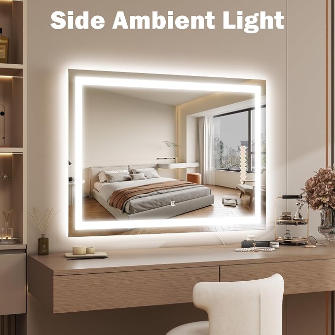 ROLOVE 38"x28" Inch Large Lighted Vanity Mirror, 3-Color Lighting & Dimmable Modes, LED Makeup Mirror for Bathroom/Dressing Room (Wall/Tabletop Mount, White)