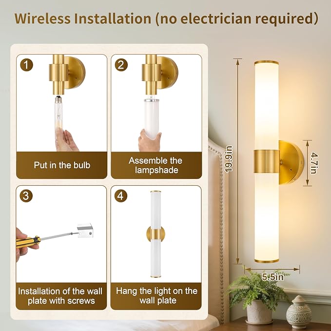 Morauroral Gold Battery Operated Wall Sconces Set of 2, Rechargeable Wall Lights with Remote Control, 20 Inch Modern Wireless Wall Lamp for Bedroom, Living Room (Bulbs Included)