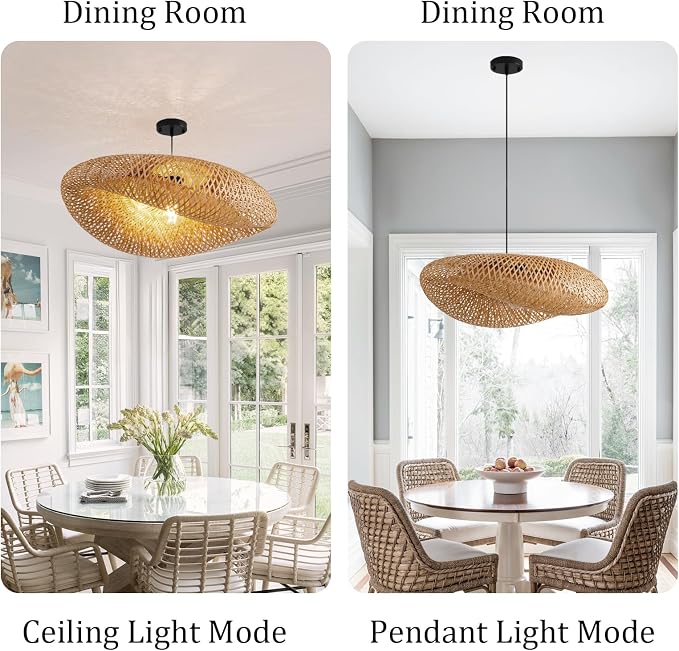 23.6" Bamboo Pendant Light,Rattan Chadelier | Hand Woven Bamboo Chandelier,23.6" Boho Wicker Hanging Light for Kitchen Island Dining Bedroom Living Room Restaurant