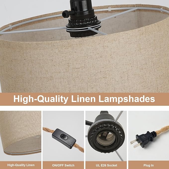 3 Light Plug in Pendant Lights Fabric Hanging Lamp Kit with Switch 22 Ft Long Hemp Rope Farmhouse Pndant Light Cord Lighting Fixture DIY Hanging Light