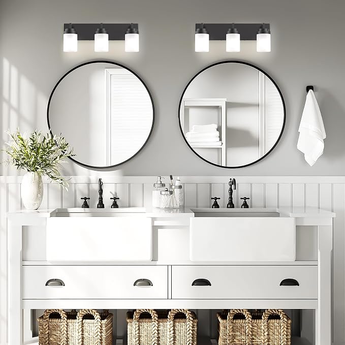 Bathroom Vanity Light, 3 Light Matte Black Vanity Light with White Matte Glass Shade, 22in Farmhouse Wall Light, Lighting Fixtures Over Mirror for Bathroom/Living Room