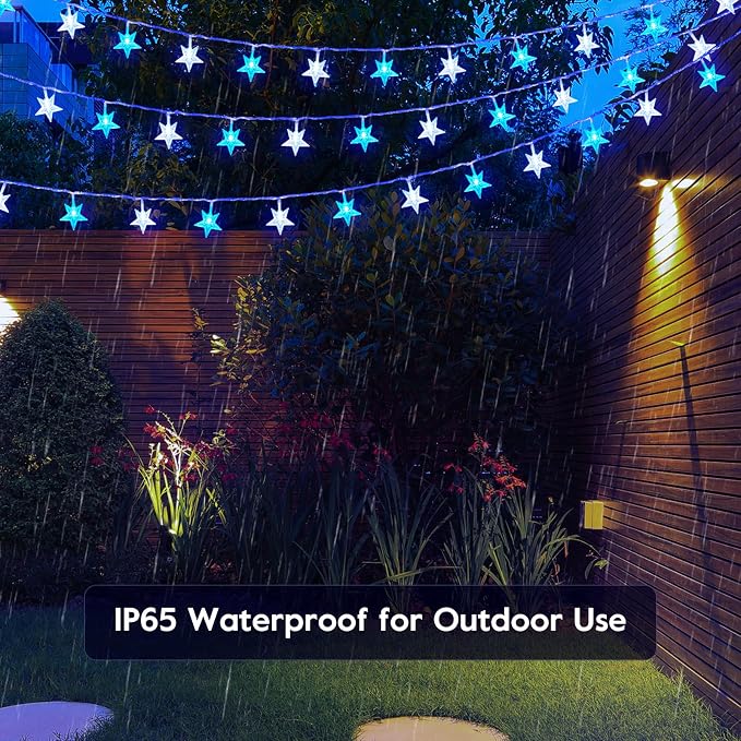 Minetom 33ft Blue and White Star String Lights Plug in | 100 LED, Remote and Timer, 8 Modes, Waterproof for Tent Loft Bed Backyard Patio Balcony Staircase Classroom Decor