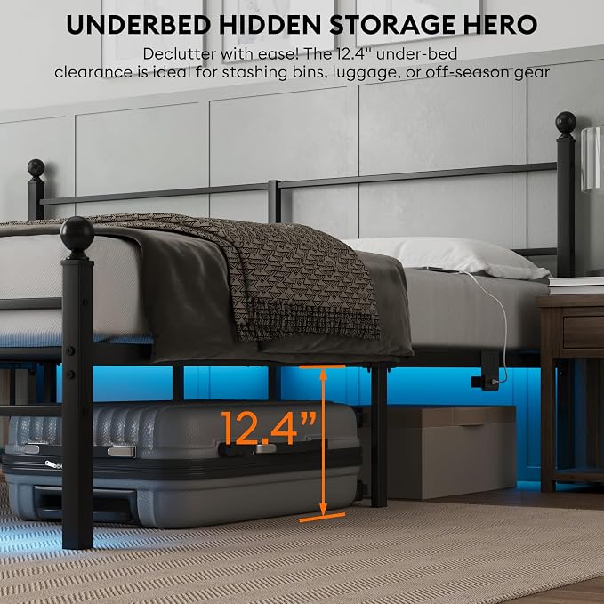 King Size Bed Frame with Headboard - Metal Platform Bed with LED Lights, Charging Station, Under Bed Storage and Heavy Duty Steel Slats Support - No Box Spring Needed, Easy Assembly, Black