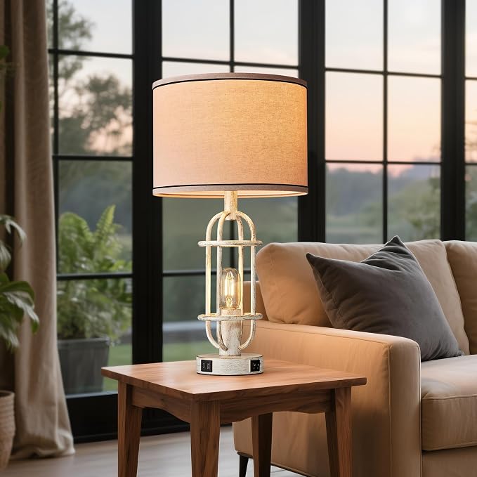 Reaketon 22.3" Farmhouse Table Lamps Set of 2, Vintage Lamps for Living Room End Tables, Bedroom Lamp for NightStand with USB C+A Ports, Antique White