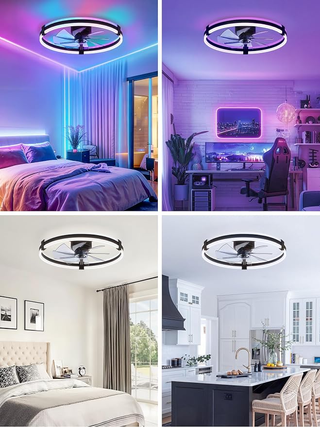 ZMISHIBO 23" RGB Low Profile Ceiling Fans with Lights and Remote, Black | Custom RGB+3CCT Dimmable, 6 Speeds, Remote/App Control, Reversible DC Motor, Memory, Timer, Modern Fandelier for Kids/Bedroom