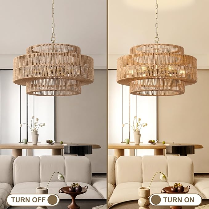 23.6"Large Boho Rattan Farmhouse Chandeliers for Dining Room,6-Light Rattan Hand-Woven Rustic Drum Chandelier Pendant Light Fixture for Kitchen Island Bedroom Living Room Entryway Foyer(Brown)
