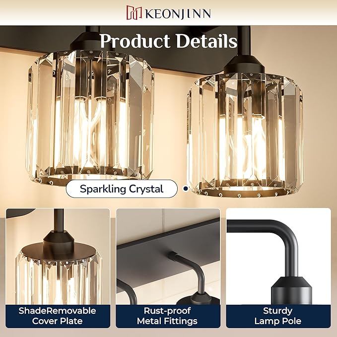 Keonjinn 3-Light Bathroom Light Fixtures Over Mirror, Crystal Black | Vanity Lighting Fixture with Crystal Square Shades, Dimmable, Modern Style, Compatible with E26 Base LED Bulbs (Exclude Bulb)