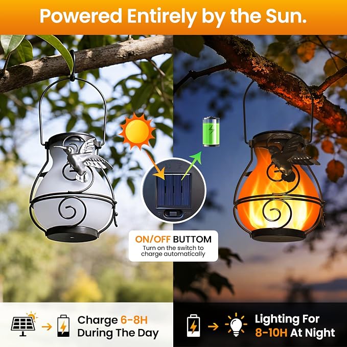 2 Pack Solar Lanterns Outdoor Waterproof , Metal Hummingbird Flickering Flame Solar Lights, Hanging Decorative Lantern for Patio Garden Porch, Gifts for Women, Mom