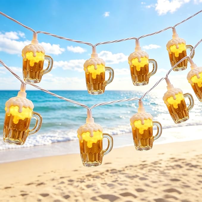 LED Beer Mug Camping String Lights, 8.5Ft Hawaiian Decor Lights Plug in | Connectable Tropical Beach Outdoor String Lights, 10 3D Beer Cup Bulbs, Summer Decor for Tent Holiday Party Garden