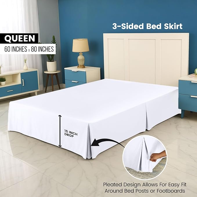 Queen Bed Skirt, Hides Under-Bed Storage 16 Inch Drop, Pleated, White | Easy Fit Design, Shrinkage & Fade Resistant, Hotel Style, Microfiber Durable Fabric, Machine Washable