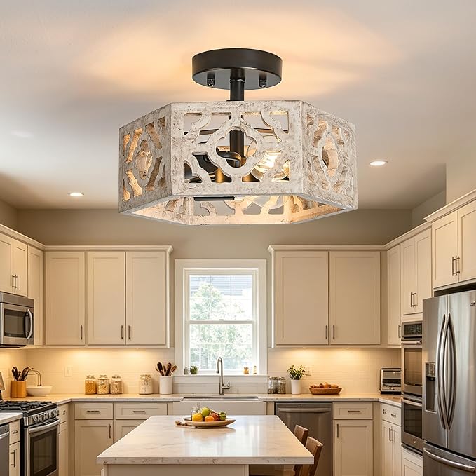 Tarentlight Farmhouse Semi Flush Mount Ceiling Light, Distressed Wood 3-E26 Rustic Boho Close to Ceiling Light Fixture for Kitchen Bedroom Hallway Dining Entryway Livingroom Fixture,No Bulb.
