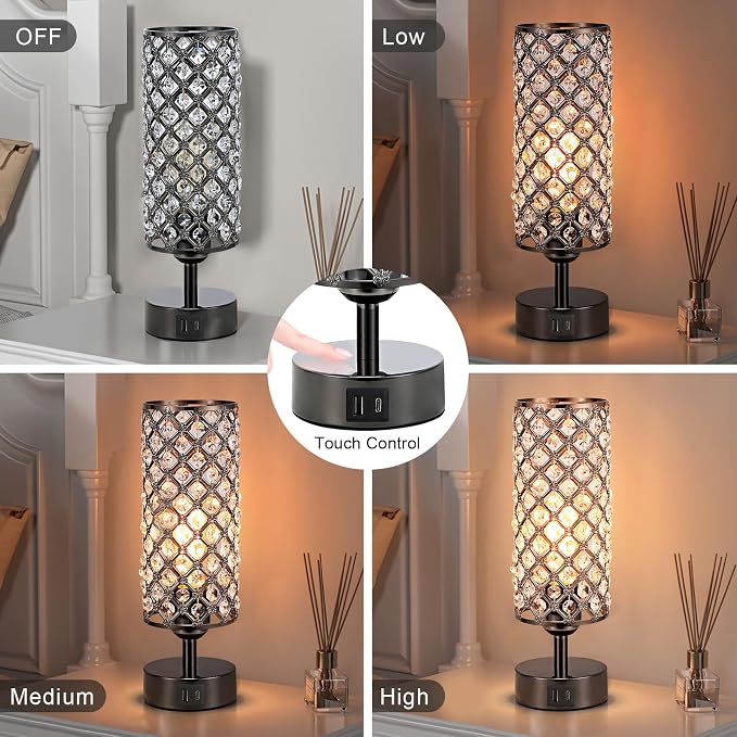 Hong-in Crystal Table Lamp,Black Lamp with USB C+A Ports, 3 Way Dimmable Light with Crystal Lampshade, Bedside Lamp Small Touch Light for Living Room Bedroom, Charge Phone (Bulb Included)