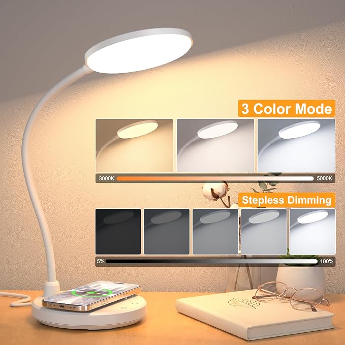 Desk Lamps for Home Office, Wireless Charger 800LM CRI95+ Desk Light, White | Eye-Caring Study Lamp with 3 Color Modes, Dimmable 0-100%, Flexible Neck for Bedside, College Dorm, Adapter Included