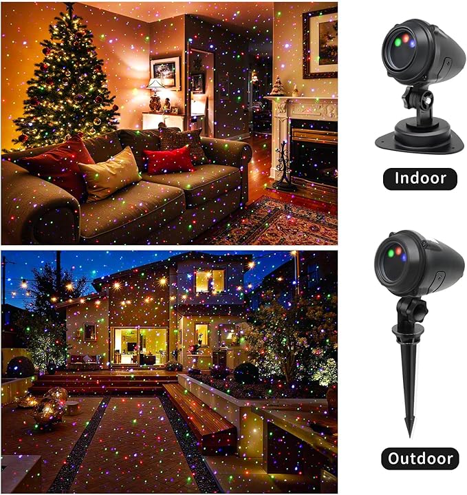 Outdoor Christmas Projector Lights, Outdoor Garden Lights, Featuring Red, Green, and Blue Stars Accents, IP65 Waterproof. Ideal for Holiday Celebrations, Parties, and Garden Decorations.