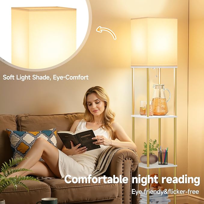 SHINE HAI Floor Lamp with Shelves, 3-Tier Square Modern Shelf Lamp | 3CCT Bright Bulb Included, Tall Standing Lamps for Living Room Bedroom Office