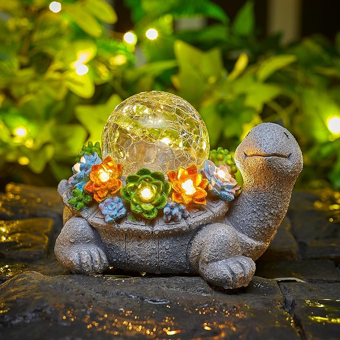 Brightown-Solar-Turtle-Garden-Decor-Statue with 5 Succulent LED Lights, Hand-Painted Resin, IP65 Waterproof Outdoor Decor for Patio, Balcony & Yard Decorations, Unique Mothers Day Gifts for Mom