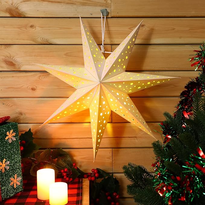 Mudder 19.7 Inch Christmas Star Paper Lantern 7 Pointed Christmas Window Lantern with 10 LED Light Strings Hanging Pendant Xmas Tree Ornaments for Holiday Decor Home(Classic,Holographic Rainbow)