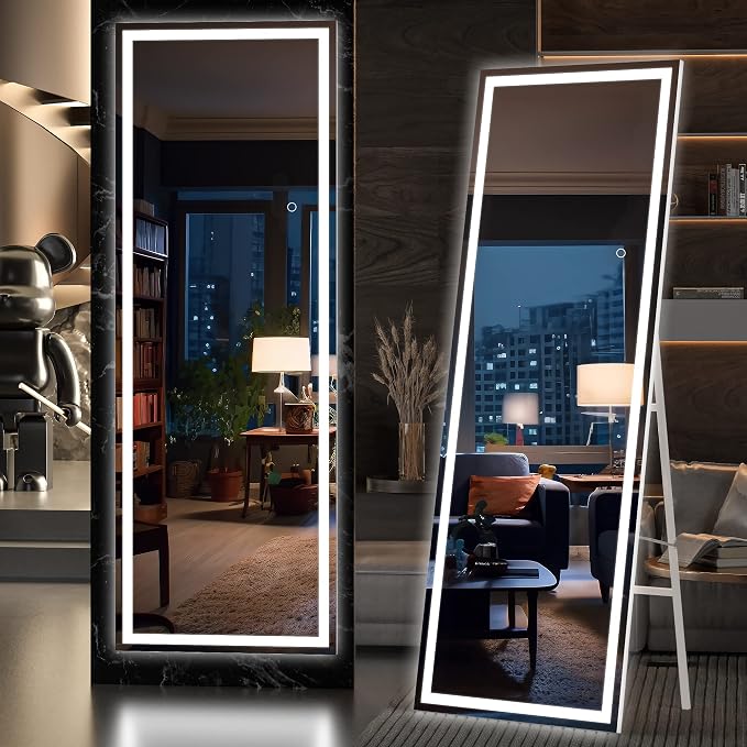 Hasipu Full Length Mirror with Lights, 66.9" x 23.6" LED Lighted Floor Standing, Full Body Dressing Hanging Mounted Mirror, Tempered Glass