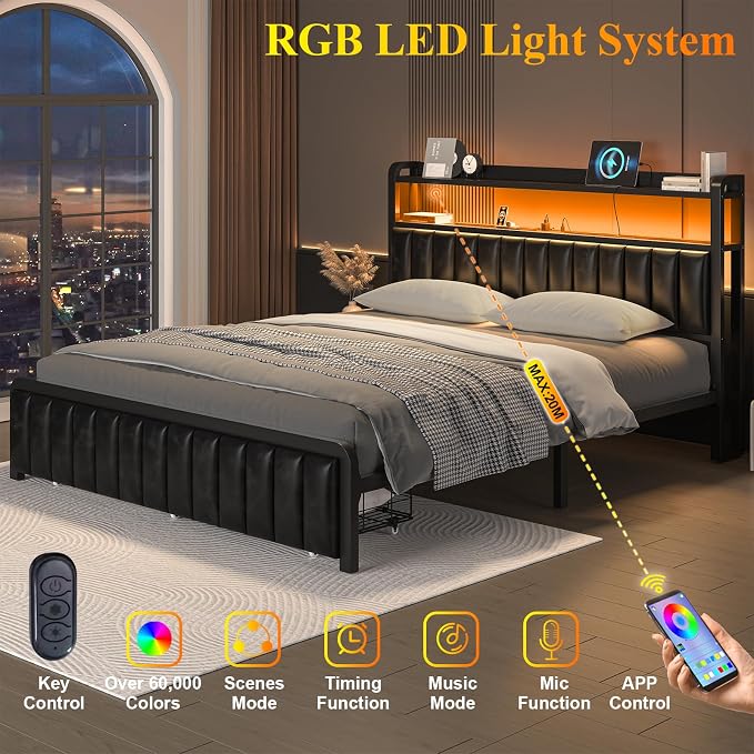 Full Size Bed Frame and Upholstered Storage Headboard, LED Light, Black | Built-in Charging Station, Wheeled Under-bed Drawers, Heavy-Duty Metal Slats, Noise-Free, Easy Assembly, No Box Spring Needed