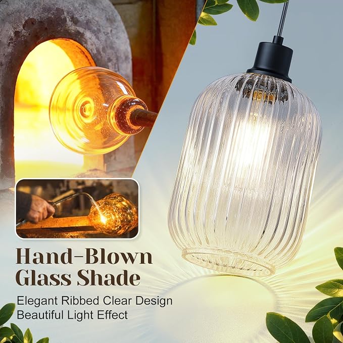 2 Pack Pendant Lights with Vintage Clear Ribbed Glass Lampshade, Adjustable Matte Black Pendant Lights Fixtures for Kitchen Island Lighting Sink, Dining & Living Room Hallway (Bulbs Not Included)