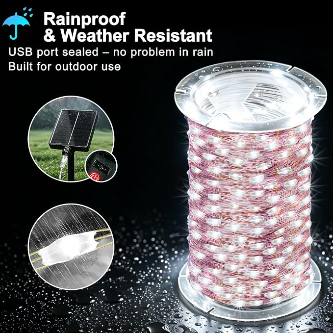 KNONEW 203FT 600 LED Solar String Lights Outdoor, Extra Long Solar Fairy Lights with 8 Modes, IP44 Waterproof Copper Wire Lights for Garden Patio Yard Christmas Decor, Cool White