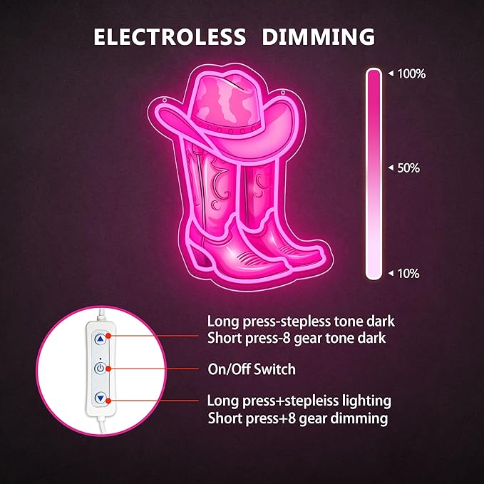 Pink Cowgirl Boot Neon Signs for Wall Decor, Led Cowboy Hat Light Up Sign, Dimmable Pink Neon Light for Girls Room Bedroom Teen Dorm Party Aesthetic Western Decor Gifts