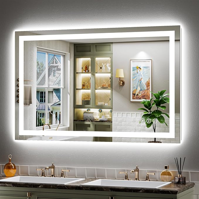 48x28 Inch LED Bathroom Mirror with Lights, Backlit & Front Lit | Anti-fog, 3 Color Dimmable, Memory Function, HD Reflection Tempered Glass, ETL Listed, IP54 Waterproof