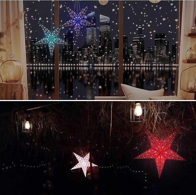 GalaxyArts 24 Inch White Paper Star Lantern - 3D Hanging Decoration Lamp with Red Star Pattern, Handcrafted for Christmas, Parties, Weddings, Indoor/Outdoor Décor