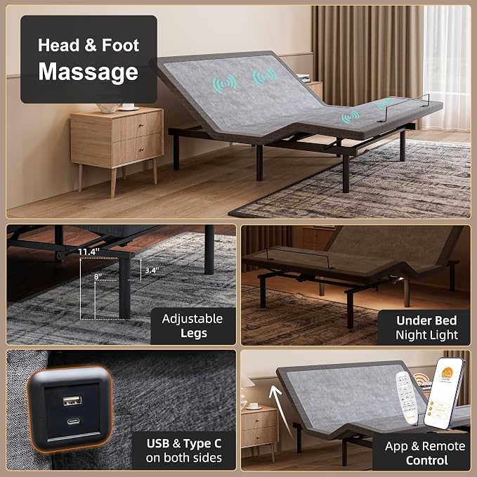 ESHINE Queen Adjustable Bed Frame with Mattress 12 Inch(Medium), Memory Foam Hybrid Mattress, Wireless Remote, 5 Minutes Installation, Head and Foot Incline, 3100 Series