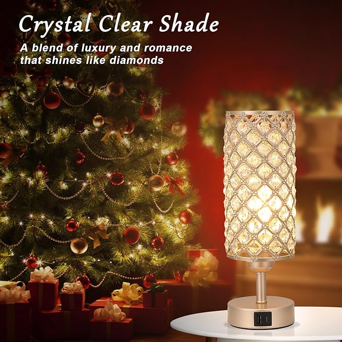 Crystal Table Lamp with USB C+A Ports, 3 Way Dimmable Touch Lamp with Crystal Shade, Champagne Gold Bedside Nightstand Small Lamp for Living Room Bedroom Home Office