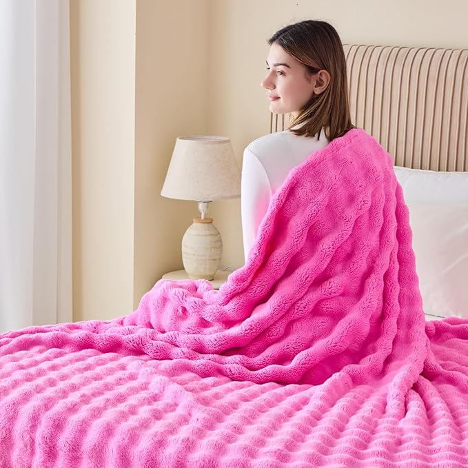 NEWCOSPLAY Throw Blanket for Couch Hot Pink Super Soft Flannel Fleece 3D Bubble Lightweight Bed Blanket All Season Use (Hot Pink, Throw(50"x60"))
