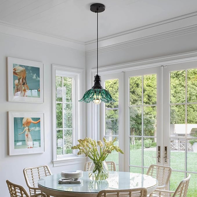 Green Pendant Light, Flower Pendant Lighting with Glass Shade, Vintage Pendant Light Fixture for Kitchen Island, Living Room, Dining Room, Sink, Hallway, Restaurant