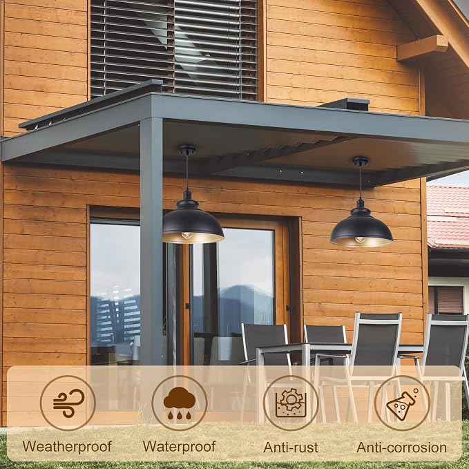 15 1/2in Large Dome Barn Pendant Light for Farmhouse, Black Ceiling Mounted Lighting with Brass Interior for Kitchen, Indoor and Outdoor Hanging Light Fixture with Ajustable Cord