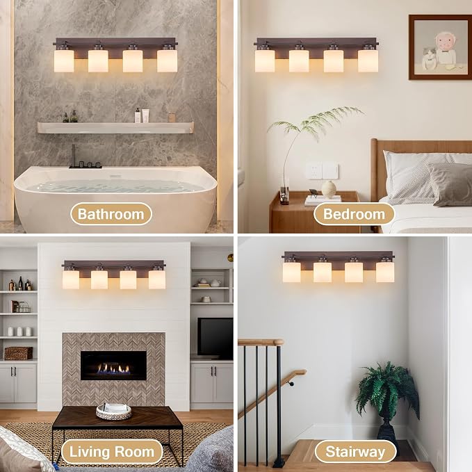 Modern Bathroom Light Fixtures Over Mirror, Vanity Lights for Bathroom Wall Sconces with Milky White Glass Shades, E26 Socket (Bulbs Not Included), 4 Light, Oil Rubbed Bronze