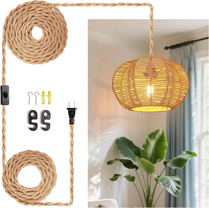 Hanging Light Fixture with Plug in Cord with on Off Switch, Rattan Pendant Lights Boho Lamp Ceiling Light, Plug in Pendant Light Hanging Lamp Shades for Living Room Decor Bedroom Kitchen