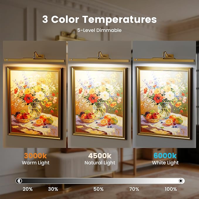 Rechargeable Motion Sensor Picture Light for Wall, 24 Inch, Brass, 2 Pack | 6000mAh Battery, Cordless, Magnetic Detachable Bar, Rechargeable, Remote Control, 3CCT Dimmable, for Artworks/Photos