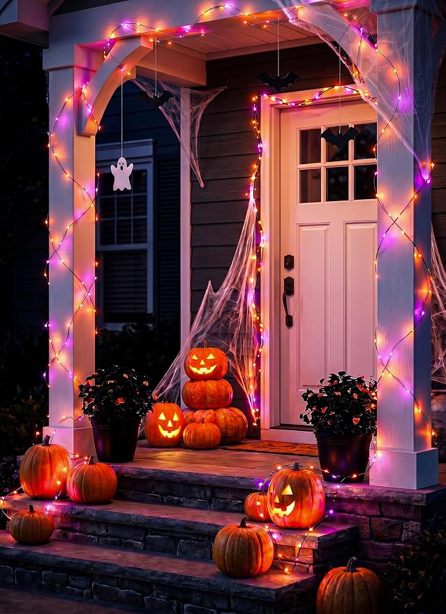 Halloween Fairy Lights Plug in, 33Ft 100LEDs Halloween String Lights, Waterproof Flexible Black Wire String Lights for Home Party Haunted House Indoor Outdoor Halloween Decorations, Orange & Purple